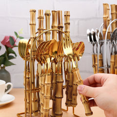 24pc Bamboo Flatware Set with Cutlery Rack