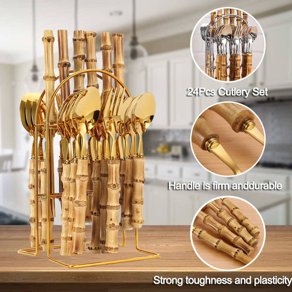24pc Bamboo Flatware Set with Cutlery Rack