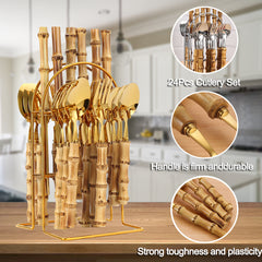 24pc Bamboo Flatware Set with Cutlery Rack