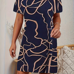 Abstract Print Crew Neck Dress Casual Short Sleeve Dress for Spring & Summer