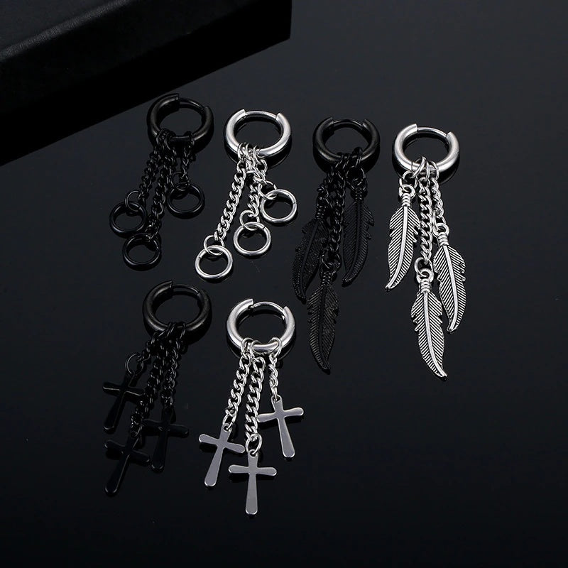 1pc Stainless Steel Feather Cross Pendant & Tassel Small Hoop Earring