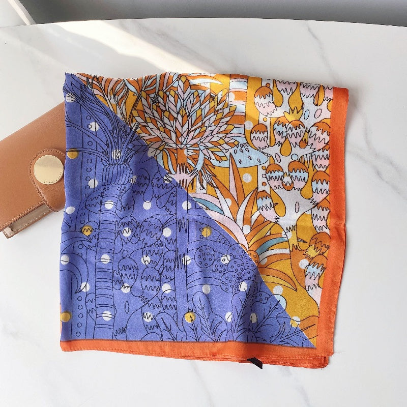 Plant Print Block Scarf Satin Square Neckerchief Head Wrap