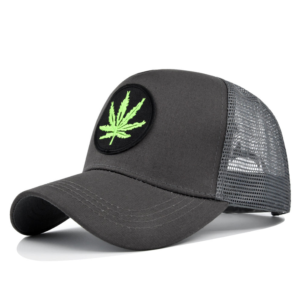 Leaf Embroidery Patch Trucker Hat Vintage Solid Mesh Breathable Dad Hat