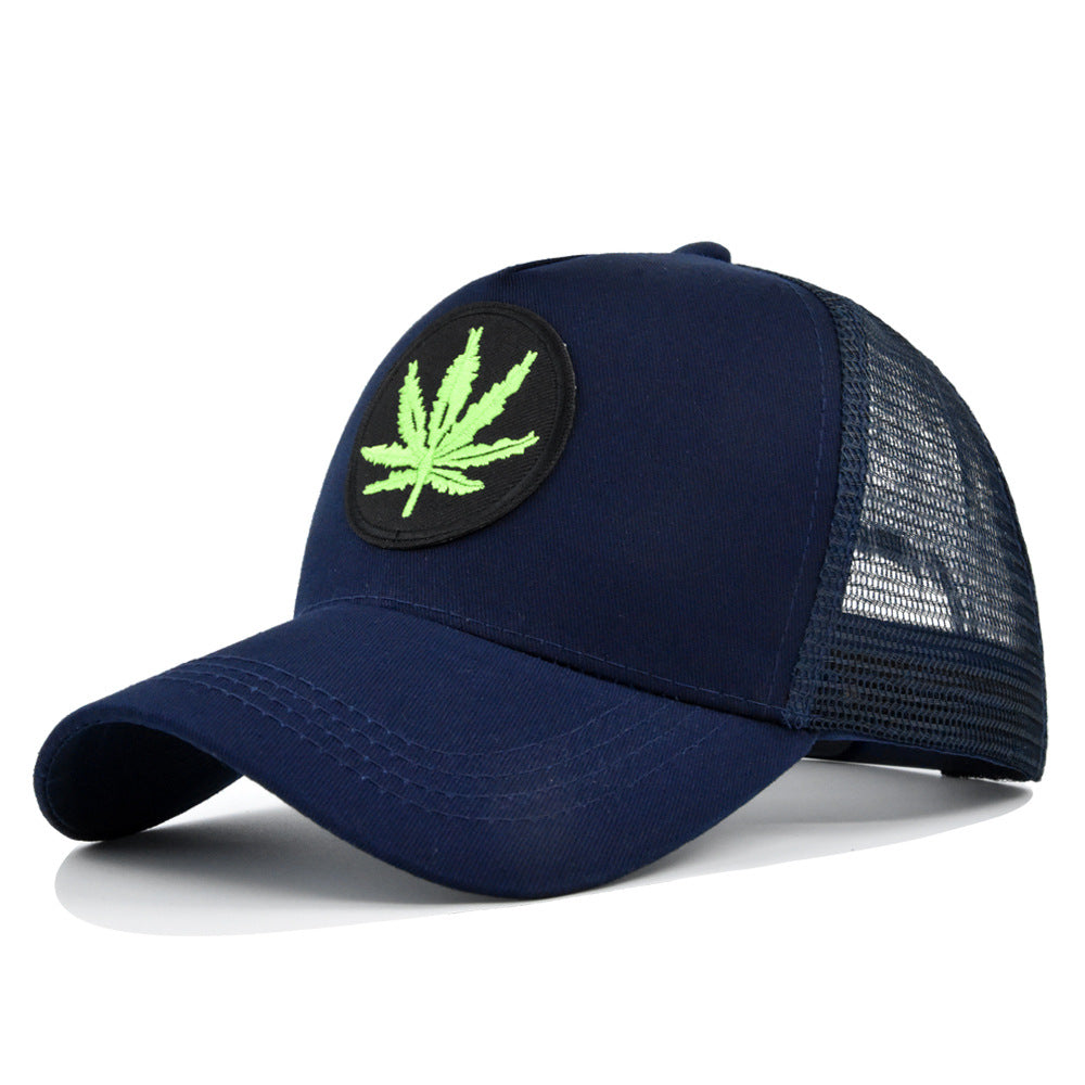 Leaf Embroidery Patch Trucker Hat Vintage Solid Mesh Breathable Dad Hat