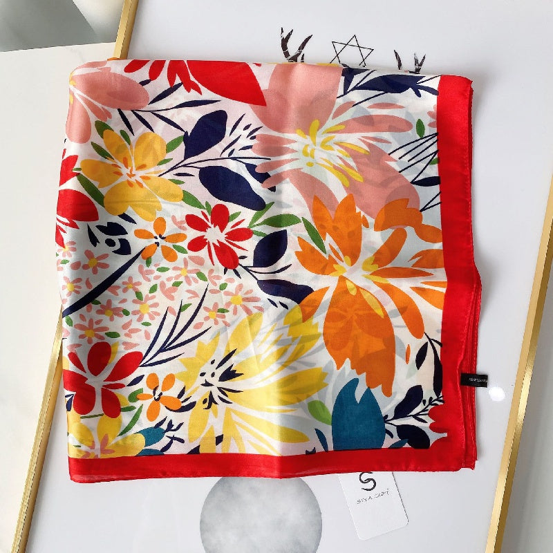 Flower Print Scarf Women Casual Square Neckerchief Head Wrap Sunscreen Shawl