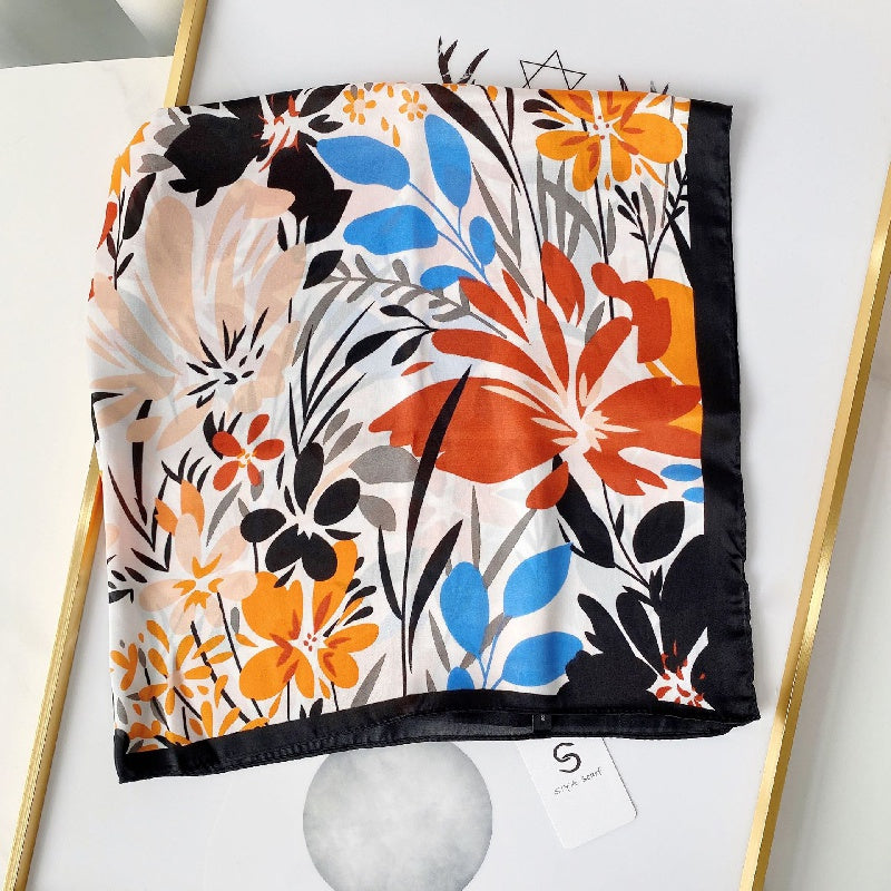 Flower Print Scarf Women Casual Square Neckerchief Head Wrap Sunscreen Shawl