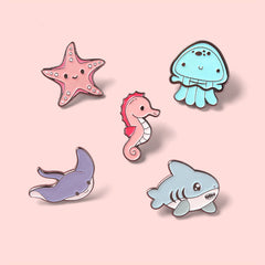 Marine Life Brooch Pin Set Shark Jellyfish Seahorse Metal Badges