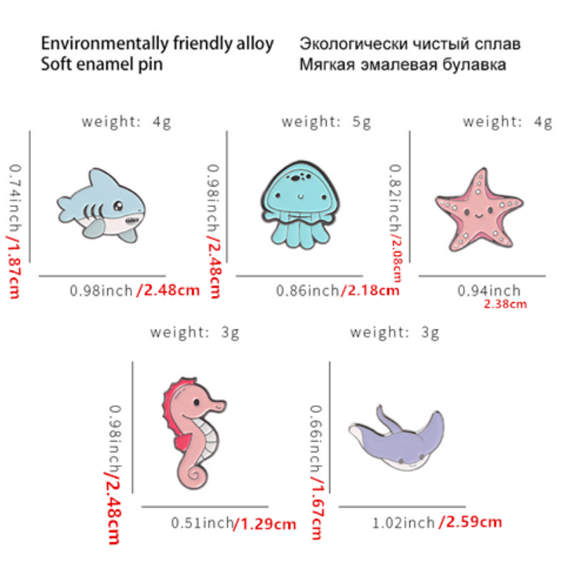 Marine Life Brooch Pin Set Shark Jellyfish Seahorse Metal Badges