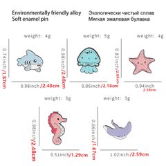 Marine Life Brooch Pin Set Shark Jellyfish Seahorse Metal Badges