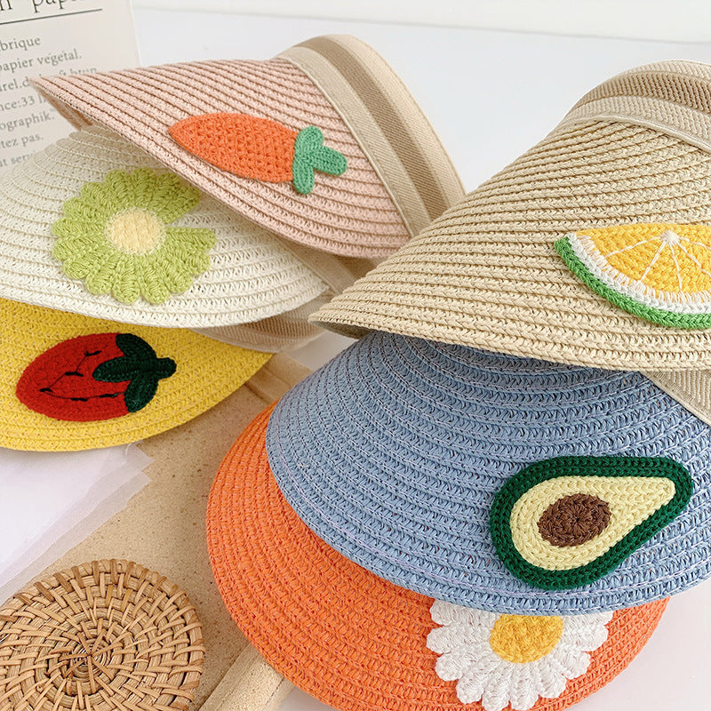 Kids Straw Visor Sun Protection Cap w/ Flower Decor