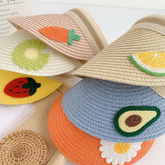 Kids Straw Visor Sun Protection Cap w/ Flower Decor
