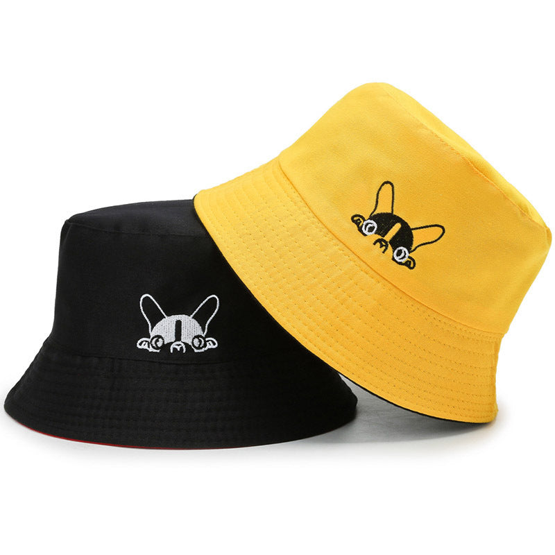 Cartoon Puppy Print Bucket Hat Solid Sun Hat Reversible Basin Hat
