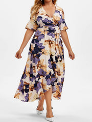 Floral Print Short Sleeve Ruffle Trim V Neck Dress
