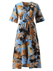 Floral Print Short Sleeve Ruffle Trim V Neck Dress