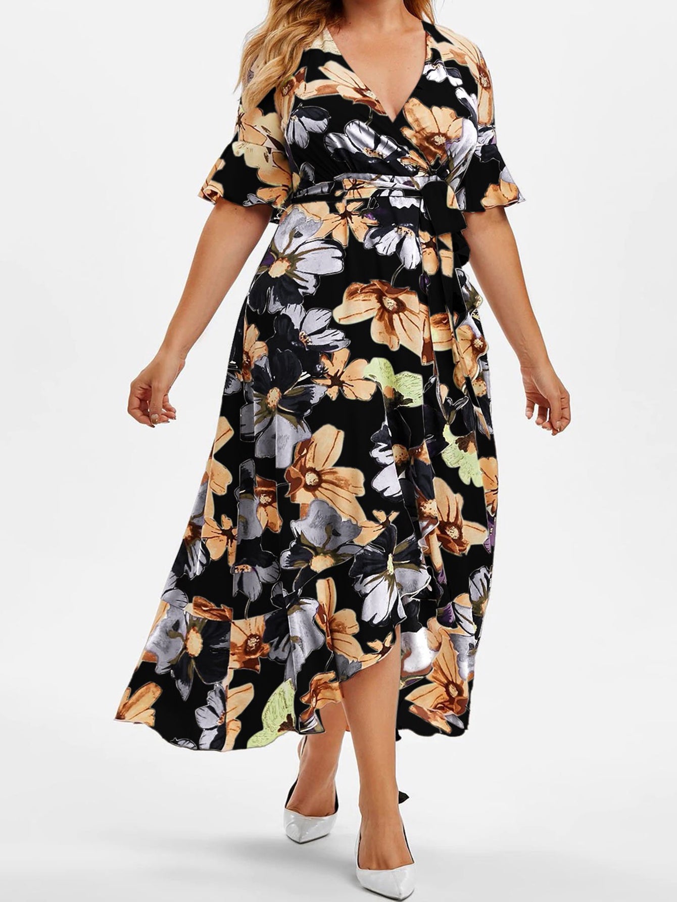 Floral Print Short Sleeve Ruffle Trim V Neck Dress