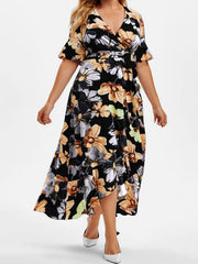 Floral Print Short Sleeve Ruffle Trim V Neck Dress