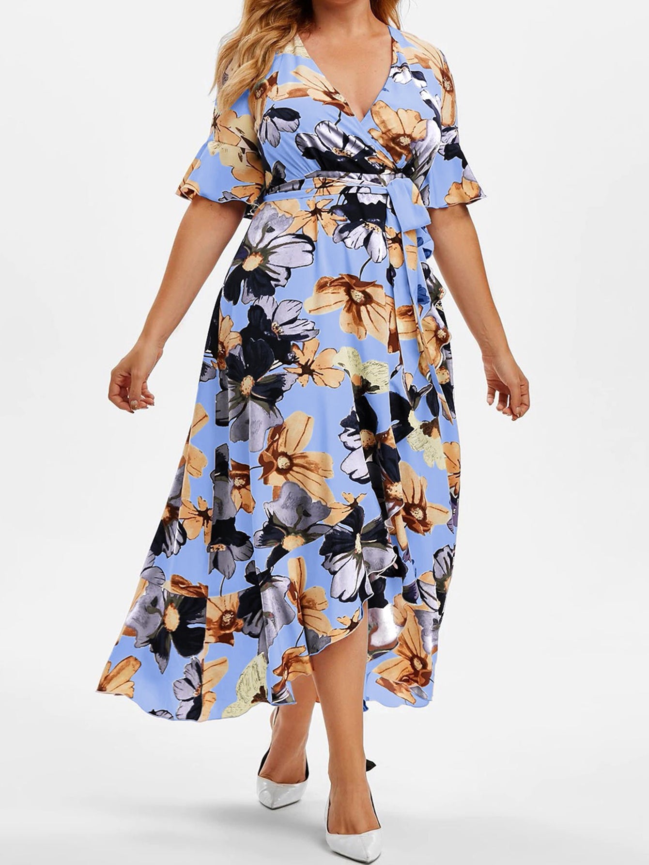 Floral Print Short Sleeve Ruffle Trim V Neck Dress