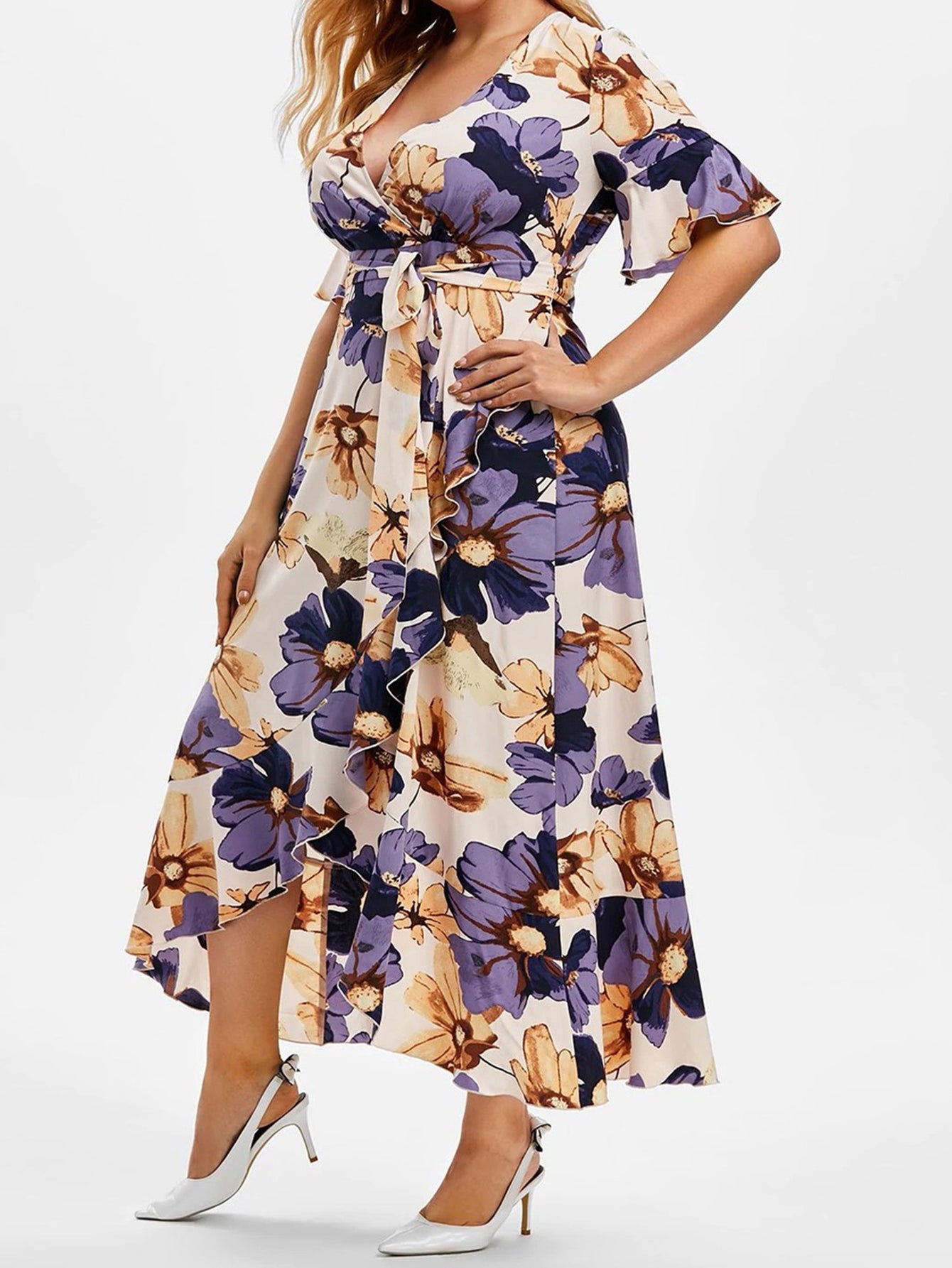 Floral Print Short Sleeve Ruffle Trim V Neck Dress