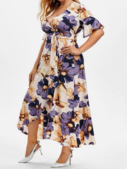 Floral Print Short Sleeve Ruffle Trim V Neck Dress