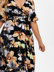 Floral Print Short Sleeve Ruffle Trim V Neck Dress