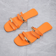 Metallic Panel Slides Two Tone Flat Slippers