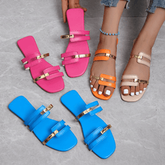 Metallic Panel Slides Two Tone Flat Slippers