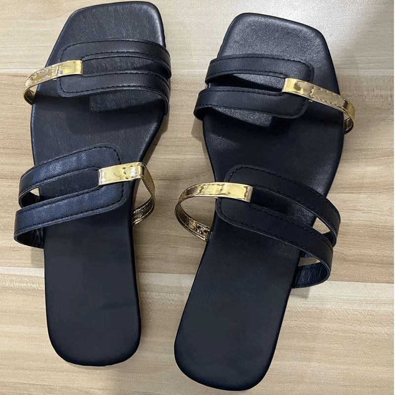 Metallic Panel Slides Two Tone Flat Slippers