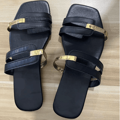 Metallic Panel Slides Two Tone Flat Slippers