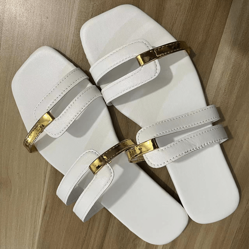 Metallic Panel Slides Two Tone Flat Slippers