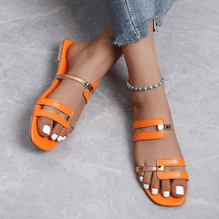 Metallic Panel Slides Two Tone Flat Slippers