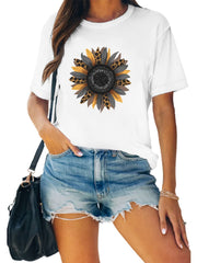 Leopard Sunflower Print T-shirts Short Sleeve Casual Graphic Tee Women's Summer