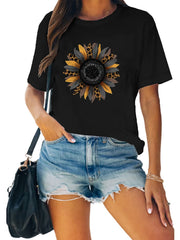 Leopard Sunflower Print T-shirts Short Sleeve Casual Graphic Tee Women's Summer