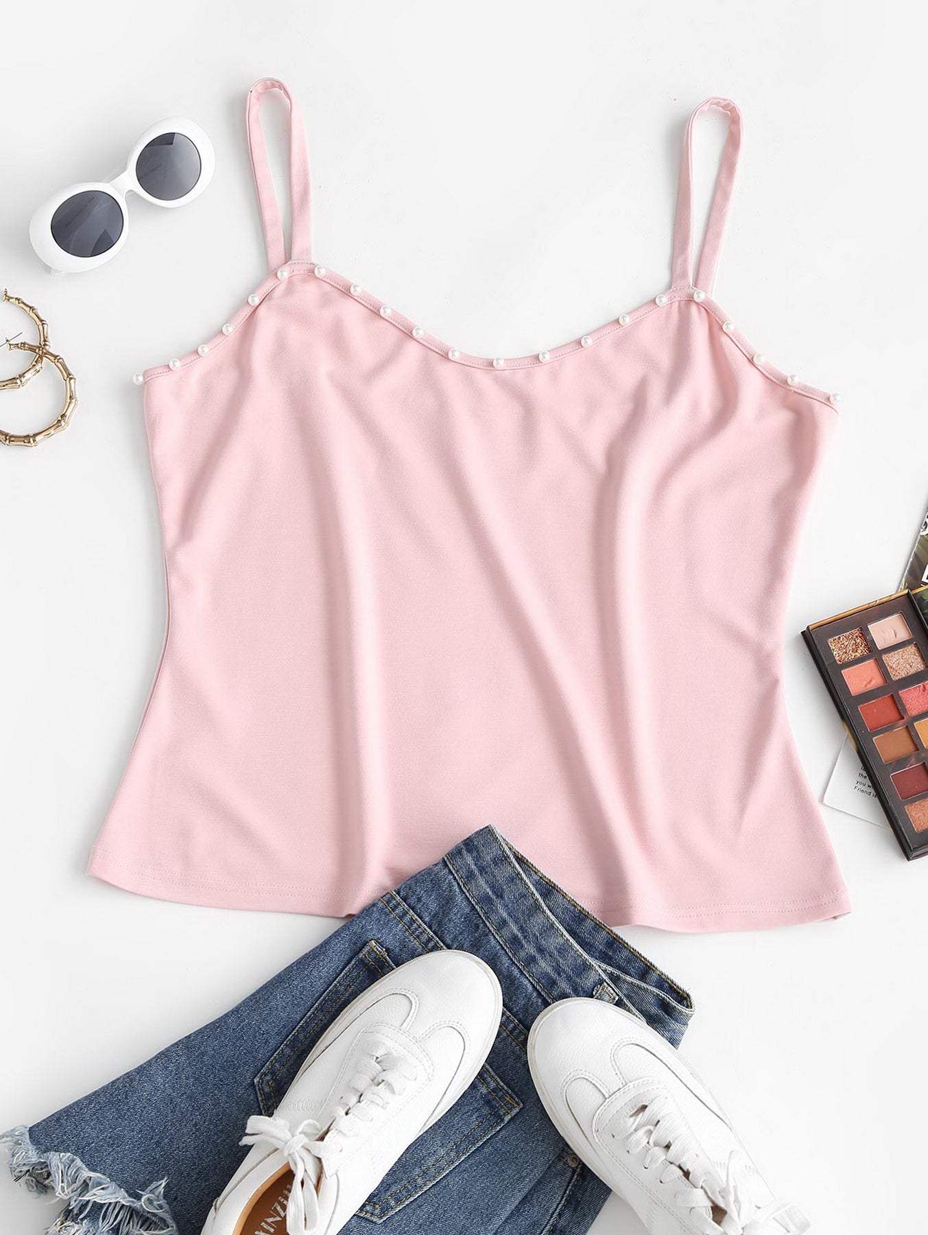 Casual Cami Top Women's Plus Plain Faux Pearl Decor