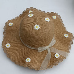Daisy Decor Ribbon Sun Hat Large Brim Flower Summer Travel Beach Hat