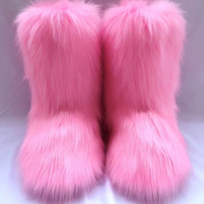 Women's Warm Furry Mid Calf Boots Slip On Snow Boots