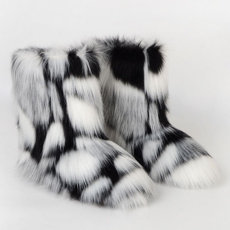 Women's Warm Furry Mid Calf Boots Slip On Snow Boots