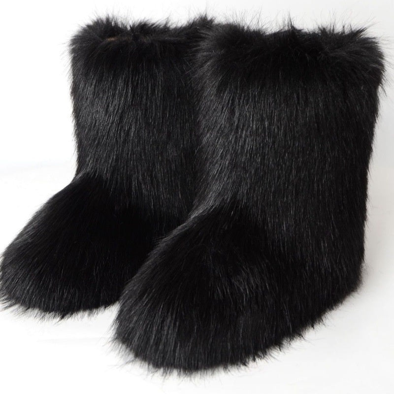 Women's Warm Furry Mid Calf Boots Slip On Snow Boots