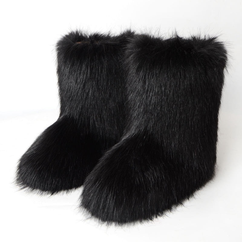 Women's Warm Furry Mid Calf Boots Slip On Snow Boots