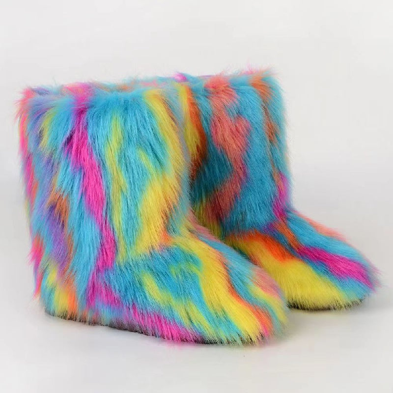 Women's Warm Furry Mid Calf Boots Slip On Snow Boots