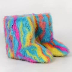 Women's Warm Furry Mid Calf Boots Slip On Snow Boots
