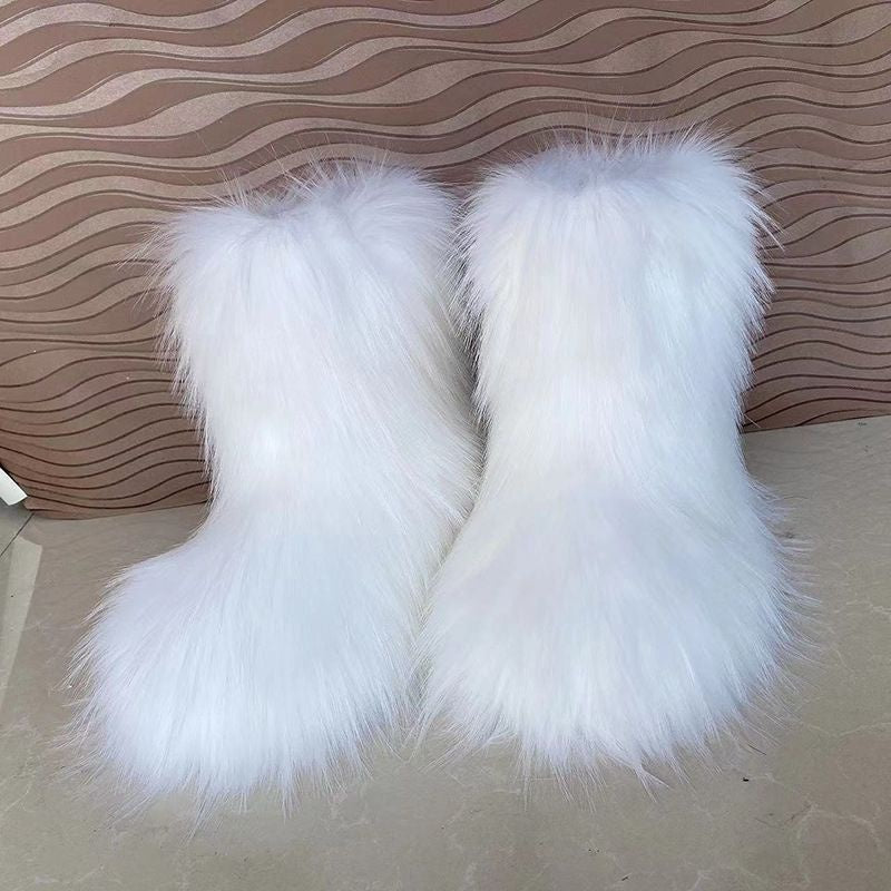 Women's Warm Furry Mid Calf Boots Slip On Snow Boots