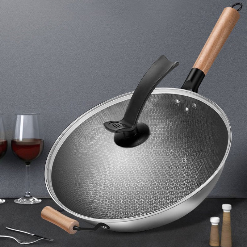 32 Non Stick Honeycomb Coating Wok With Lid Stainless Steel Deep Frying Pan