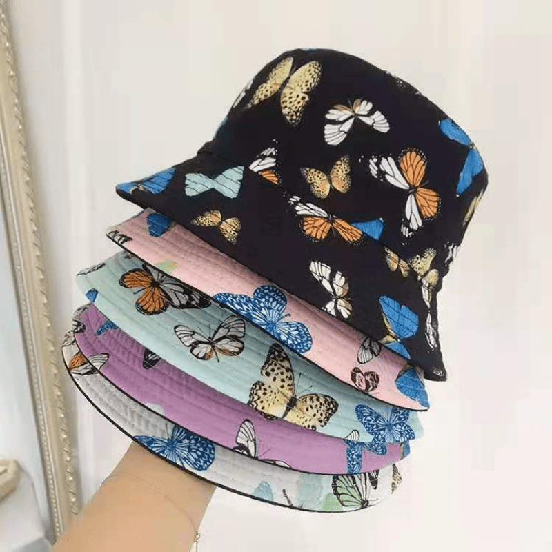 Butterfly Print Reversible Bucket Hat Lightweight Casual Sunscreen Fisherman Cap