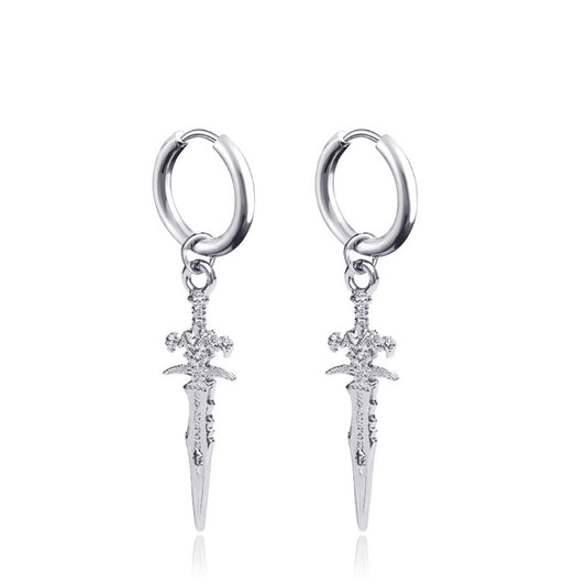 Punk Stainless Steel Stud Earrings with Sword Cross Pendant - 2pcs Pair