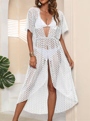 V Neck Cover Up Dress Short Sleeves Loose Fit Slight Stretch Crochet Kaftan Wome