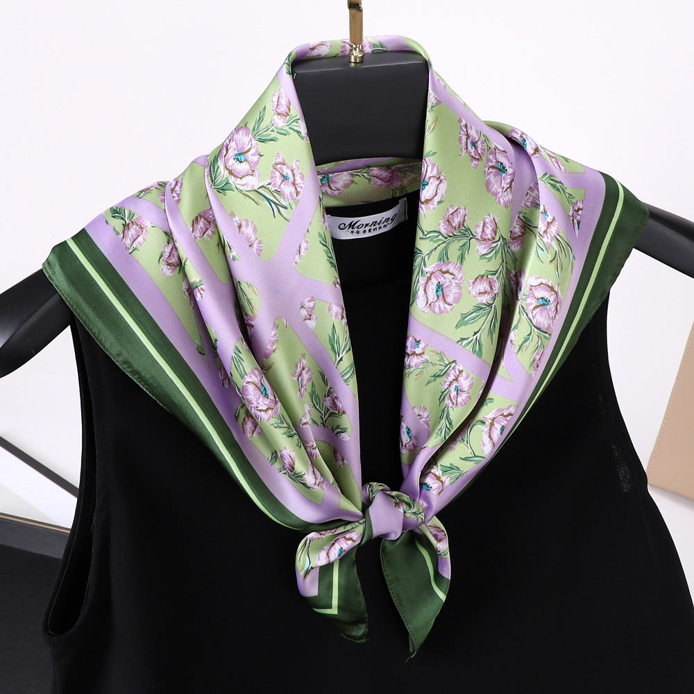 Satin Flower Print Square Scarf Bohemia Bandana Silk Headscarf