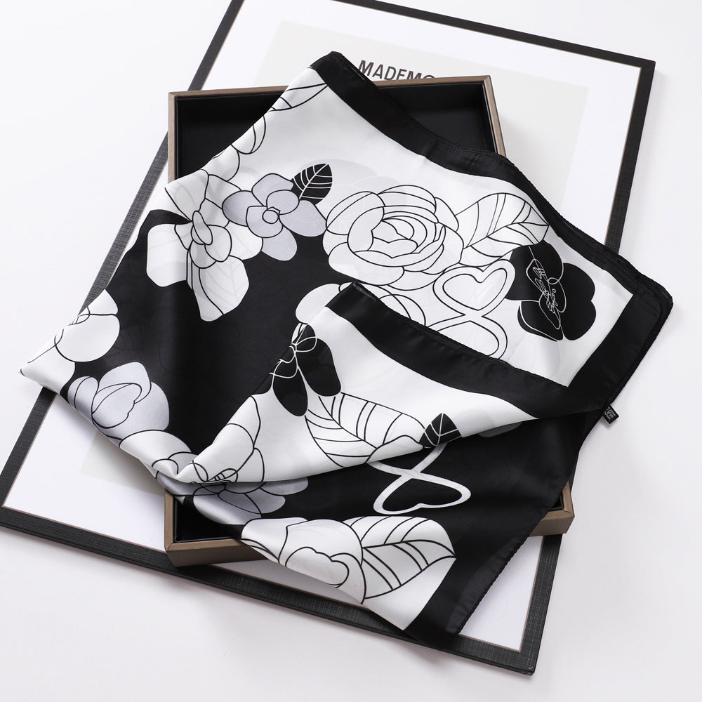 Satin Flower Print Square Scarf Bohemia Bandana Silk Headscarf