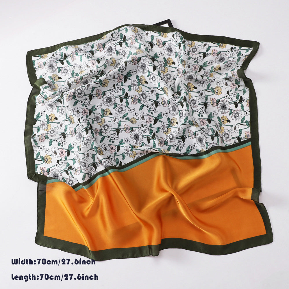 Satin Flower Print Square Scarf Bohemia Bandana Silk Headscarf