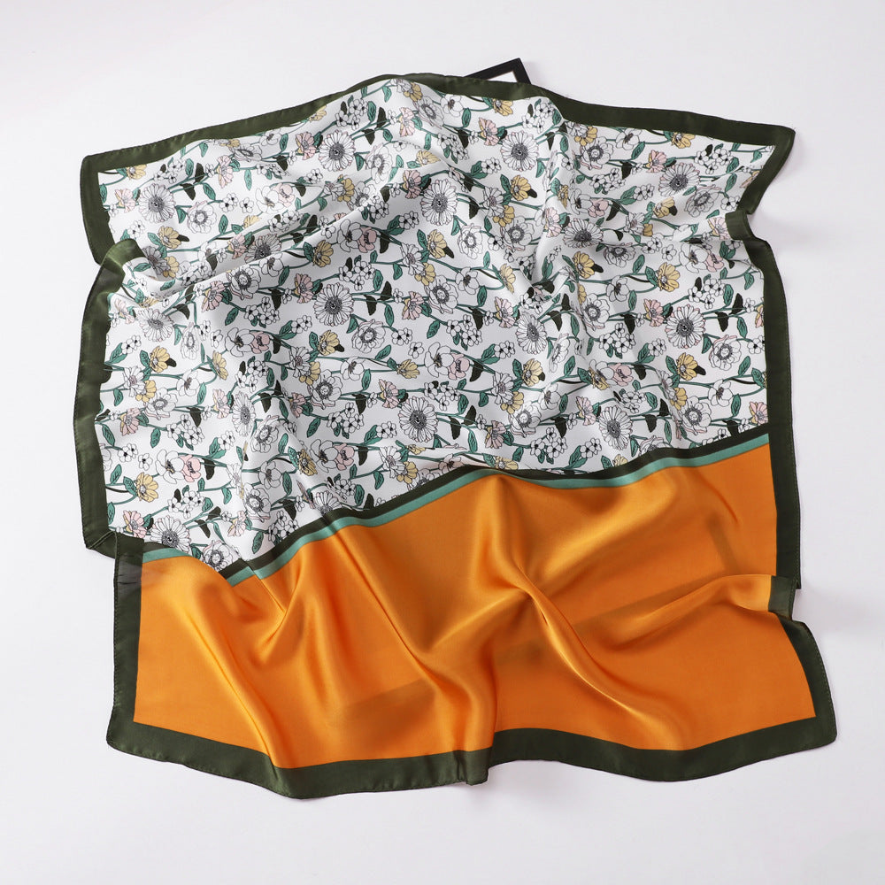 Satin Flower Print Square Scarf Bohemia Bandana Silk Headscarf