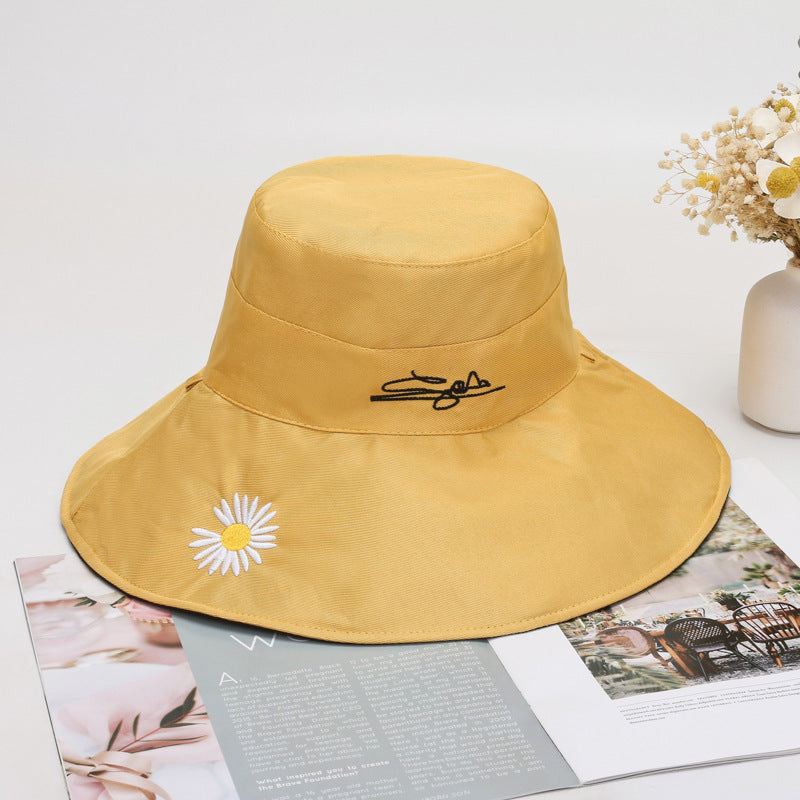 Daisy Flower Embroidery Bucket Hat Wide Brim Reversible Fisherman Cap